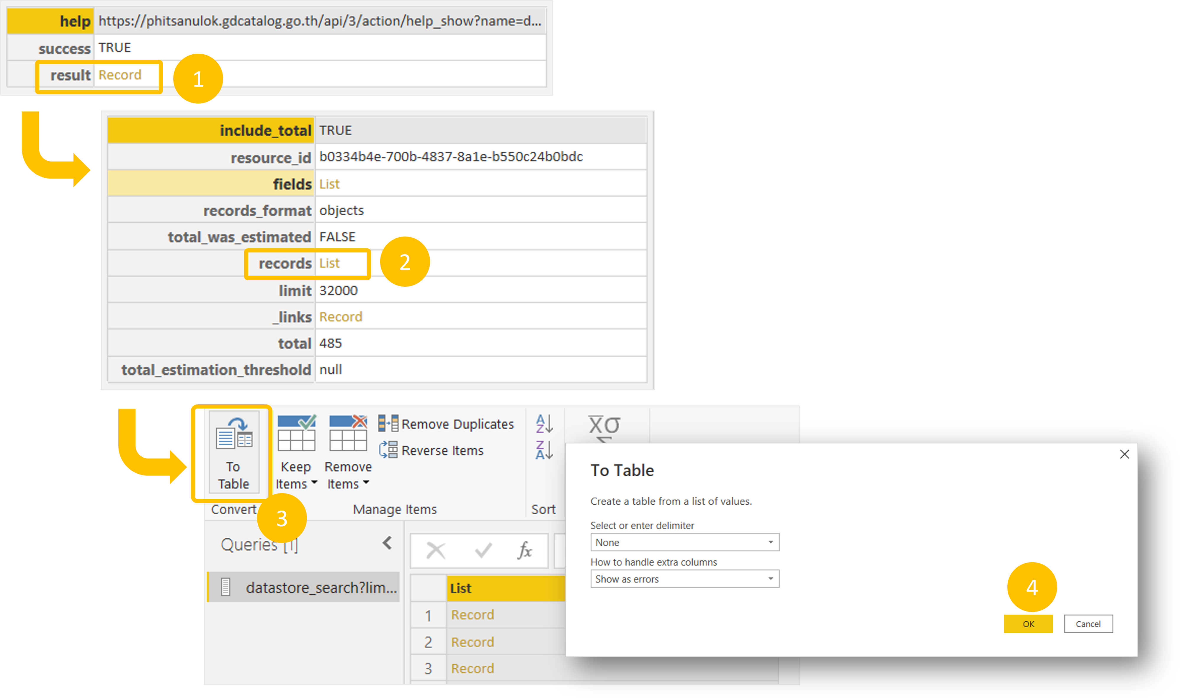How to correctly select where the data is, to show on Power Query